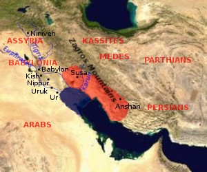 Elam Empire Map showing the area of the Elamite  Empire in red and the neighboring areas.  The approximate Bronze Age extension of the Persian  Gulf is shown.jpg