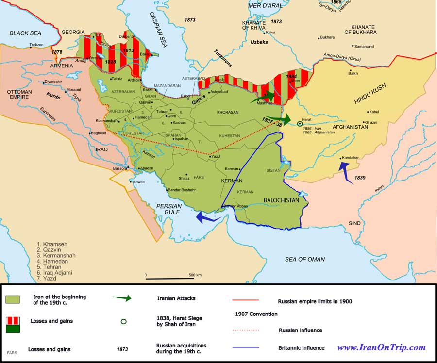 Map of Iran under the Qajar dynasty in the  19th century